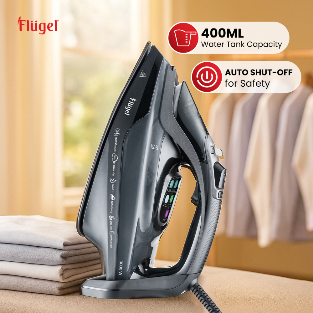 Flügel Digital Steam Iron – 3000W Smart Iron with LCD Display, Anti-Calc, Anti-Drip & Auto Shut-Off Function