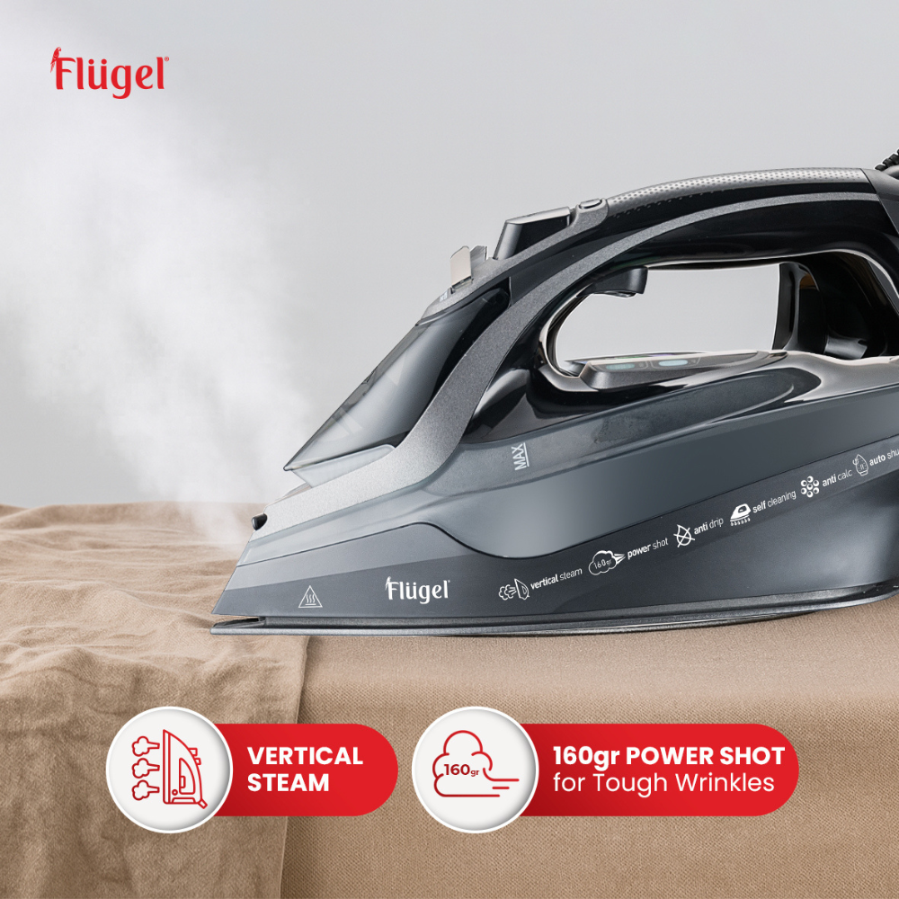Flügel Digital Steam Iron – 3000W Smart Iron with LCD Display, Anti-Calc, Anti-Drip & Auto Shut-Off Function