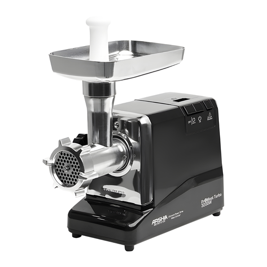 Arshia Pro Turbo Meat Grinder – 3200W Heavy-Duty Electric Meat Mincer with Sausage & Kibbeh Attachments, Reverse Function, and Stainless Steel Blades (Black)