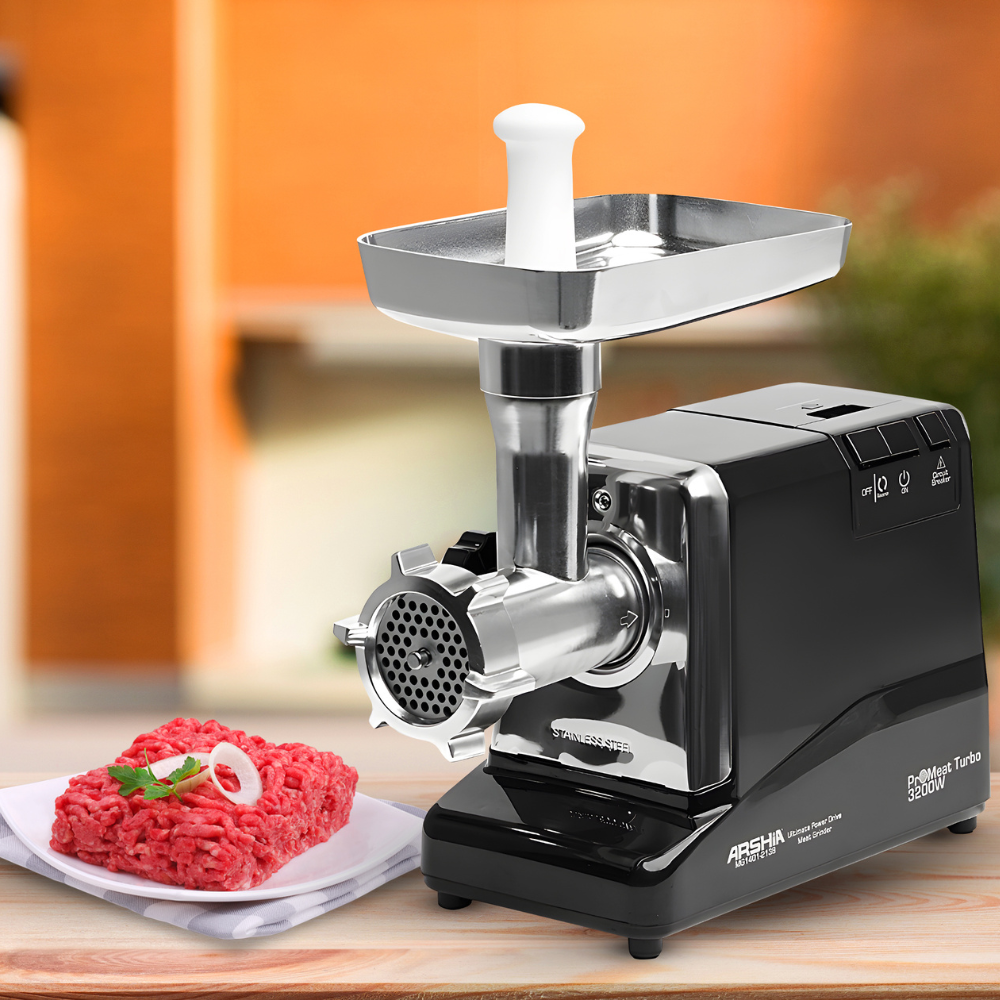Arshia Pro Turbo Meat Grinder – 3200W Heavy-Duty Electric Meat Mincer with Sausage & Kibbeh Attachments, Reverse Function, and Stainless Steel Blades (Black)