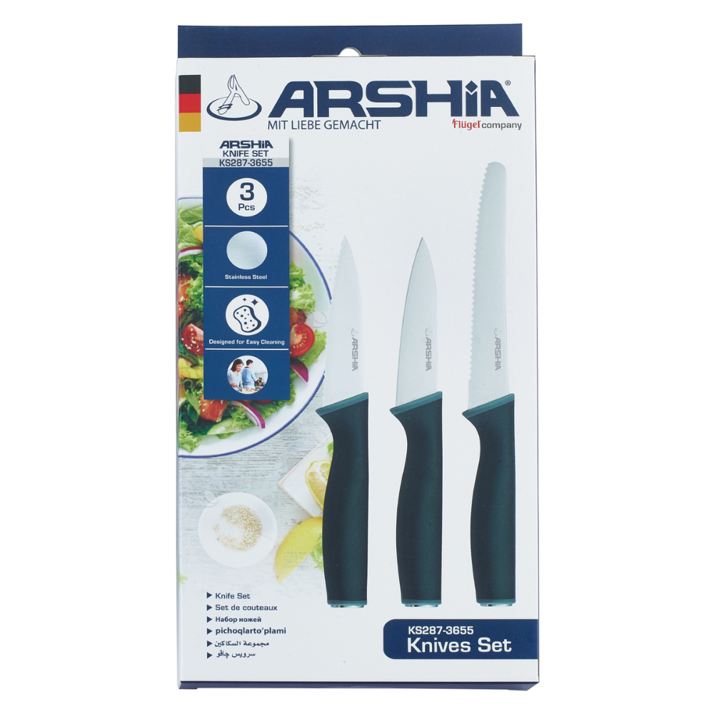 Arshia 3-Piece Stainless Steel Knife Set — 3.5″ Paring, 3.5″ Serrated & 5″ Tomato (1.5 mm Blades)