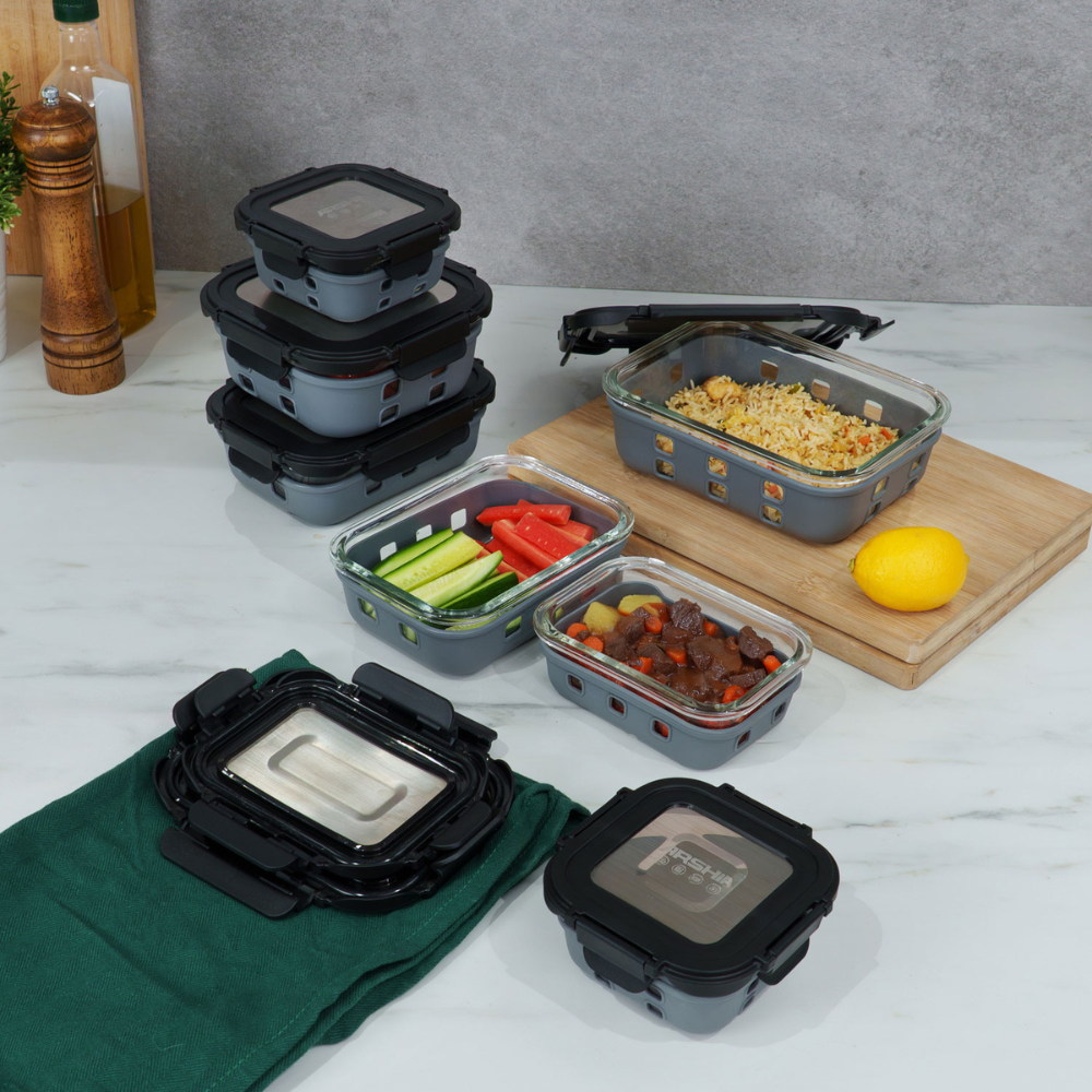Arshia 12-Piece Premium Glass Food Container Set – Airtight Tempered Glass with Stainless-Steel Lids & Silicone Seal