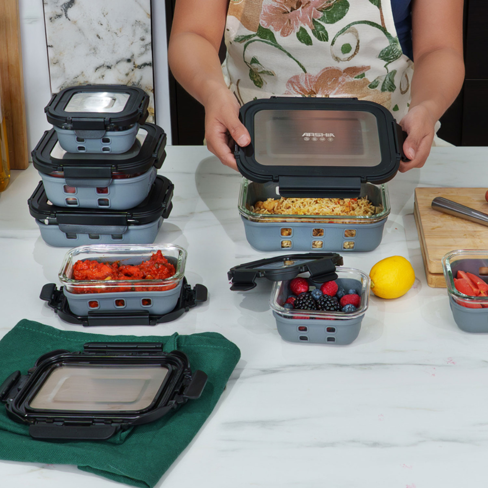 Arshia 12-Piece Premium Glass Food Container Set – Airtight Tempered Glass with Stainless-Steel Lids & Silicone Seal