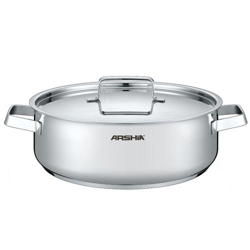Arshia 26cm Premium Stainless Steel Shallow Pan with Lid – Encapsulated Base, Mirror Finish, Induction Compatible