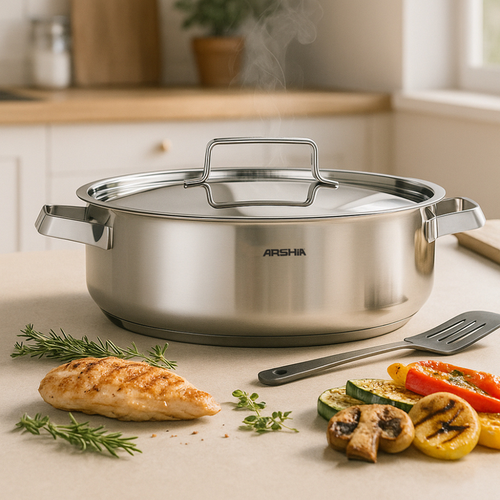 Arshia 26cm Premium Stainless Steel Shallow Pan with Lid – Encapsulated Base, Mirror Finish, Induction Compatible