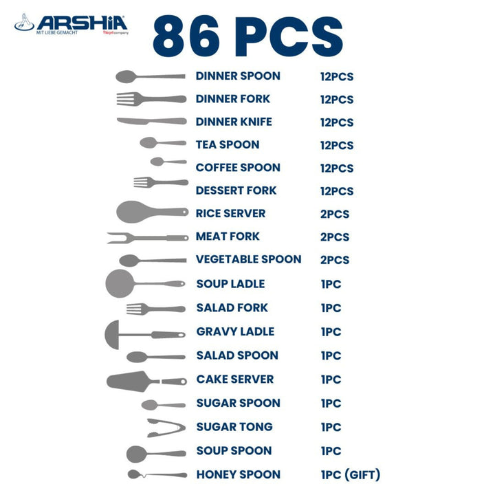 Arshia Stainless Steel Cutlery Set in Wooden Drawer 86pcs Silver