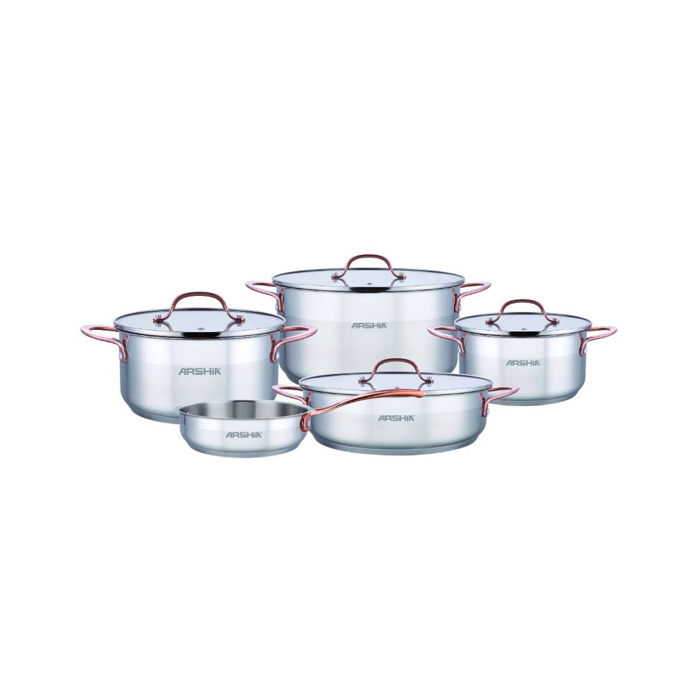 Arshia 9-Piece Premium Stainless Steel Cookware Set with Copper Handles | Tri-Ply Base, Induction Compatible, Dishwasher Safe