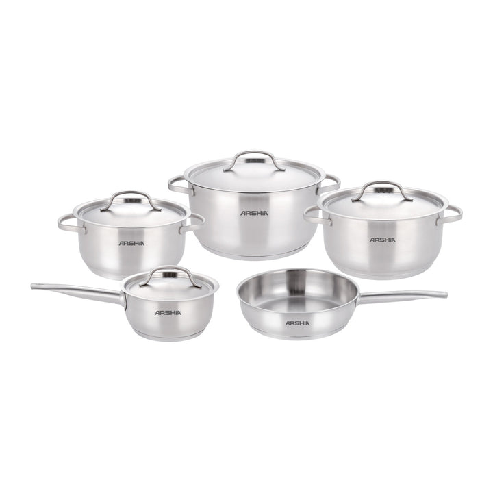 Arshia 9-Piece Stainless Steel Cookware with satin-finish lid