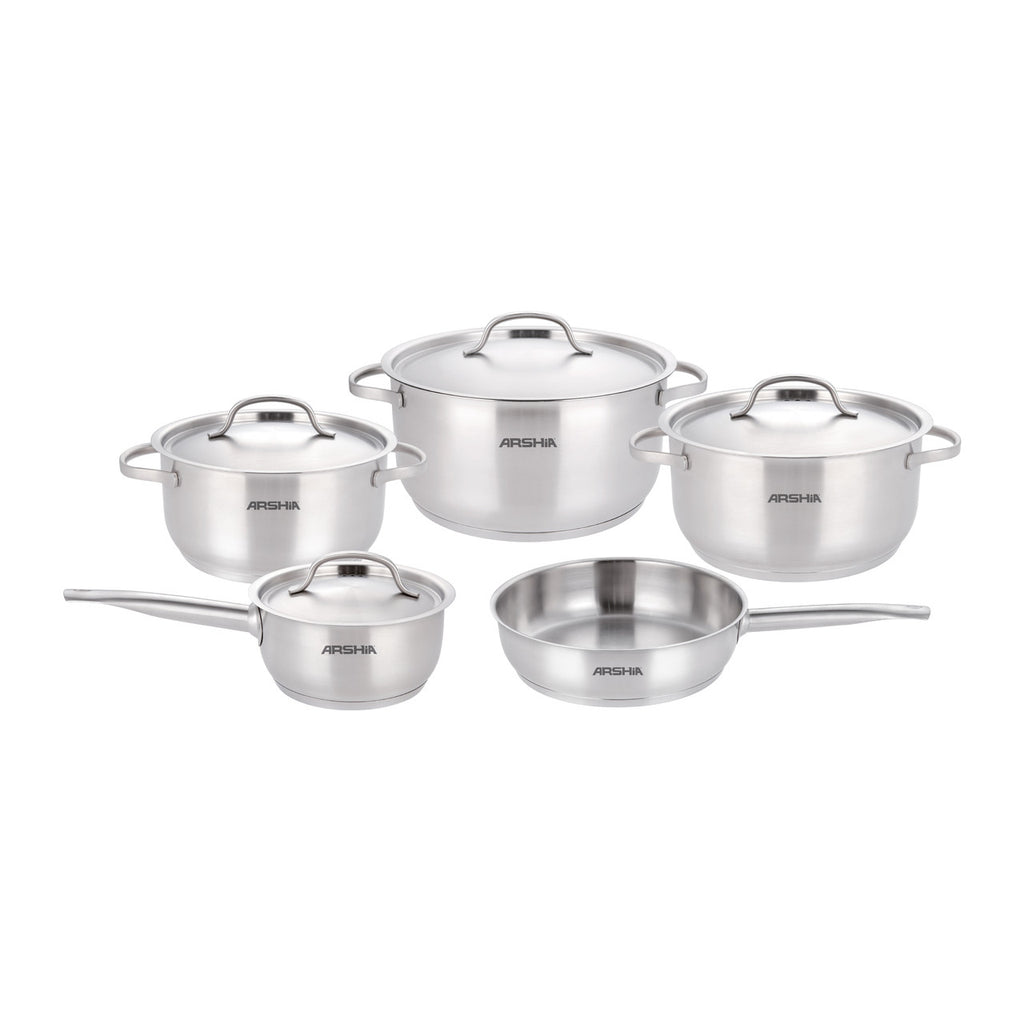 Arshia 9-Piece Stainless Steel Cookware with satin-finish lid