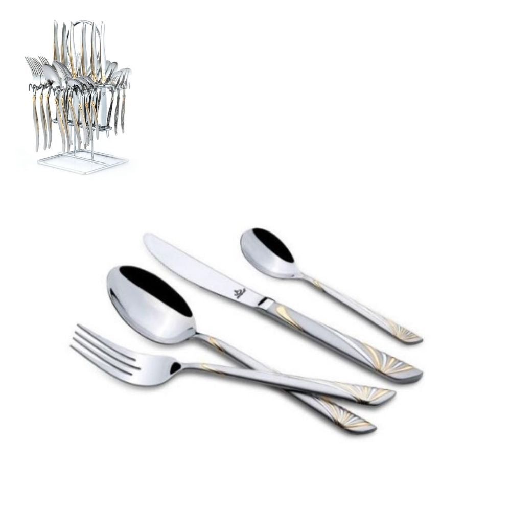 Arshia Silver and Gold Cutlery 24pc Set with Butter Knife and Cake Forks