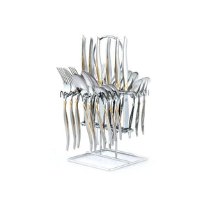 Arshia Silver Mirror Cutlery Stand 24pc Set with Butter Knife and Cake Fork
