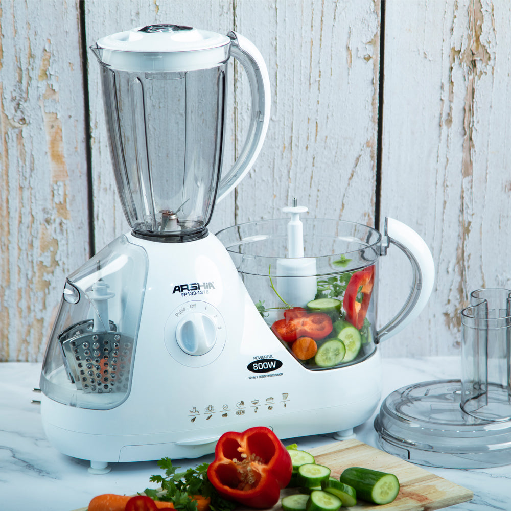 Arshia 12 in 1 Food Processor 800W White juice extractor, grating disc, kneading, citrus press, blending, and mashing.<span data-mce-fragment="1">1.5 Liters bowl and Blender Jar</span>