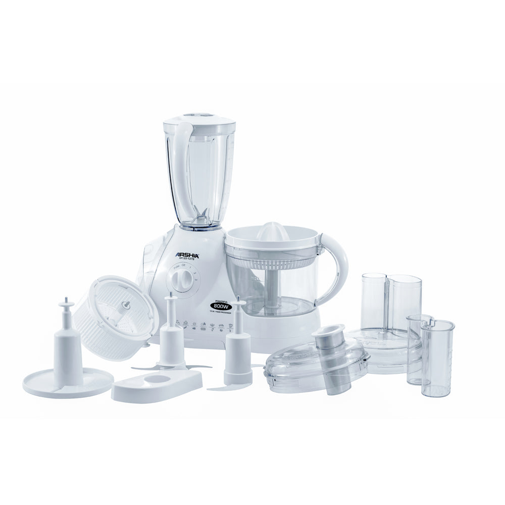Arshia 12 in 1 Food Processor 800W White juice extractor, grating disc, kneading, citrus press, blending, and mashing.