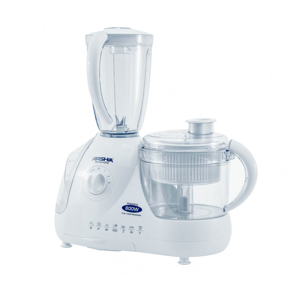 Arshia 12 in 1 Food Processor 800W White #Juice extractor, grating disc, kneading, citrus press, blending, and mashing.